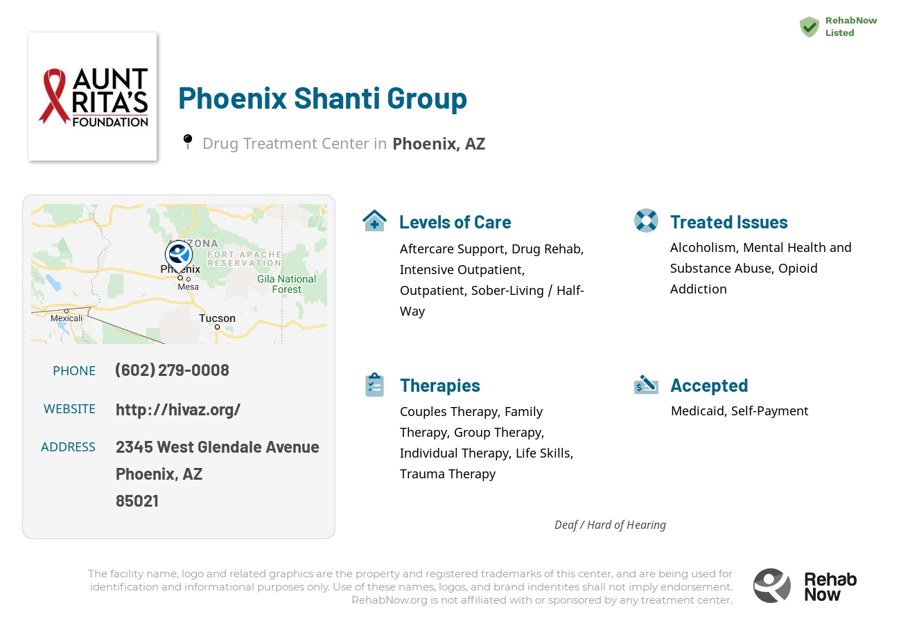 Helpful reference information for Phoenix Shanti Group, a drug treatment center in Arizona located at: 2345 West Glendale Avenue, Phoenix, AZ, 85021, including phone numbers, official website, and more. Listed briefly is an overview of Levels of Care, Therapies Offered, Issues Treated, and accepted forms of Payment Methods.