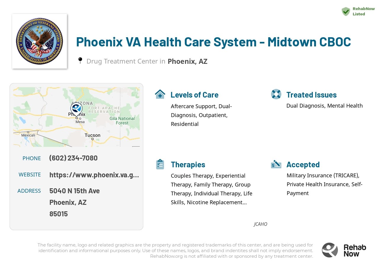 Helpful reference information for Phoenix VA Health Care System - Midtown CBOC, a drug treatment center in Arizona located at: 5040 5040 N 15th Ave, Phoenix, AZ 85015, including phone numbers, official website, and more. Listed briefly is an overview of Levels of Care, Therapies Offered, Issues Treated, and accepted forms of Payment Methods.