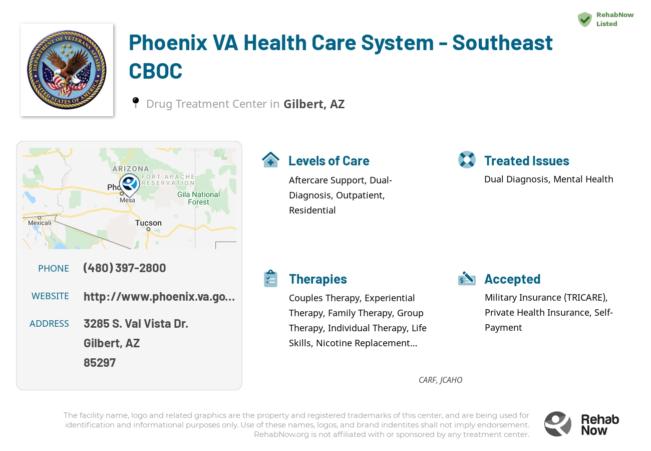 Helpful reference information for Phoenix VA Health Care System - Southeast CBOC, a drug treatment center in Arizona located at: 3285 3285 S. Val Vista Dr., Gilbert, AZ 85297, including phone numbers, official website, and more. Listed briefly is an overview of Levels of Care, Therapies Offered, Issues Treated, and accepted forms of Payment Methods.