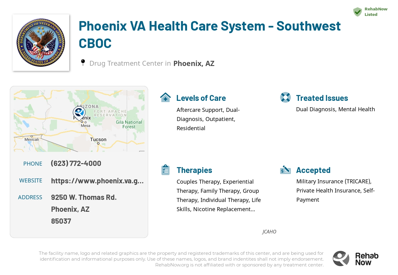 Helpful reference information for Phoenix VA Health Care System - Southwest CBOC, a drug treatment center in Arizona located at: 9250 9250 W. Thomas Rd., Phoenix, AZ 85037, including phone numbers, official website, and more. Listed briefly is an overview of Levels of Care, Therapies Offered, Issues Treated, and accepted forms of Payment Methods.