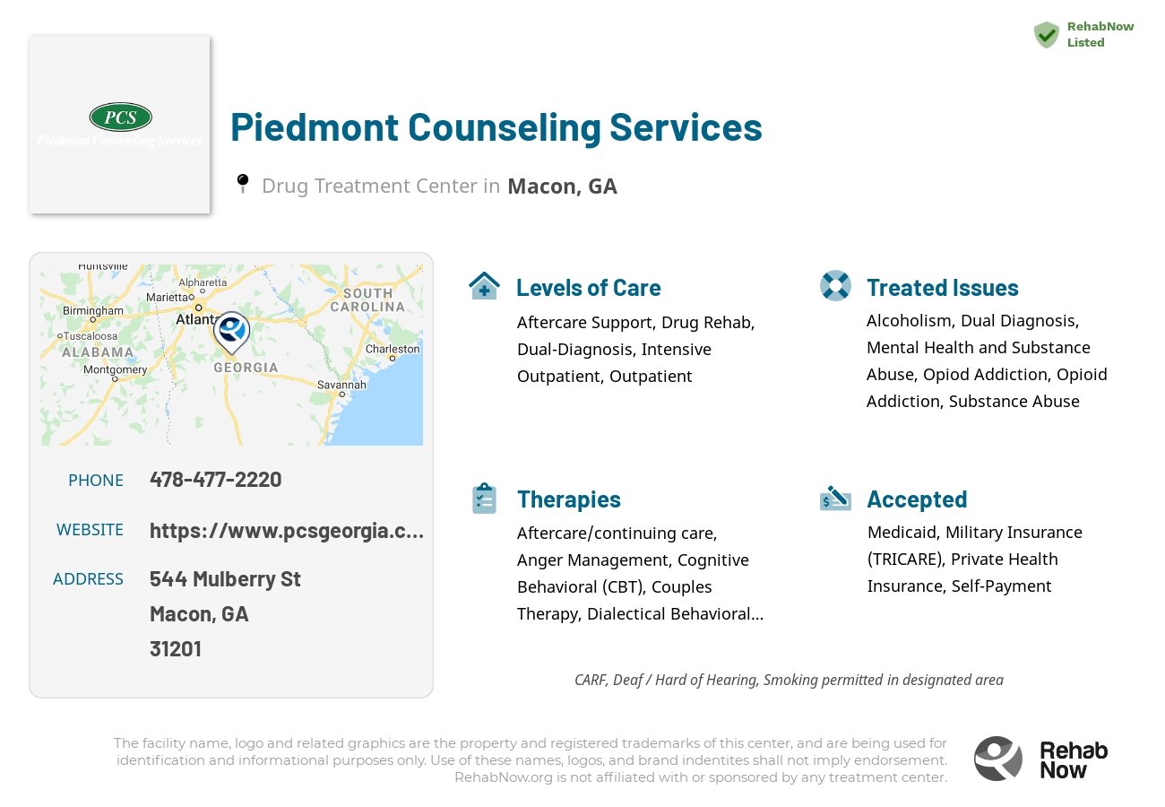 Helpful reference information for Piedmont Counseling Services, a drug treatment center in Georgia located at: 544 Mulberry St, Macon, GA 31201, including phone numbers, official website, and more. Listed briefly is an overview of Levels of Care, Therapies Offered, Issues Treated, and accepted forms of Payment Methods.
