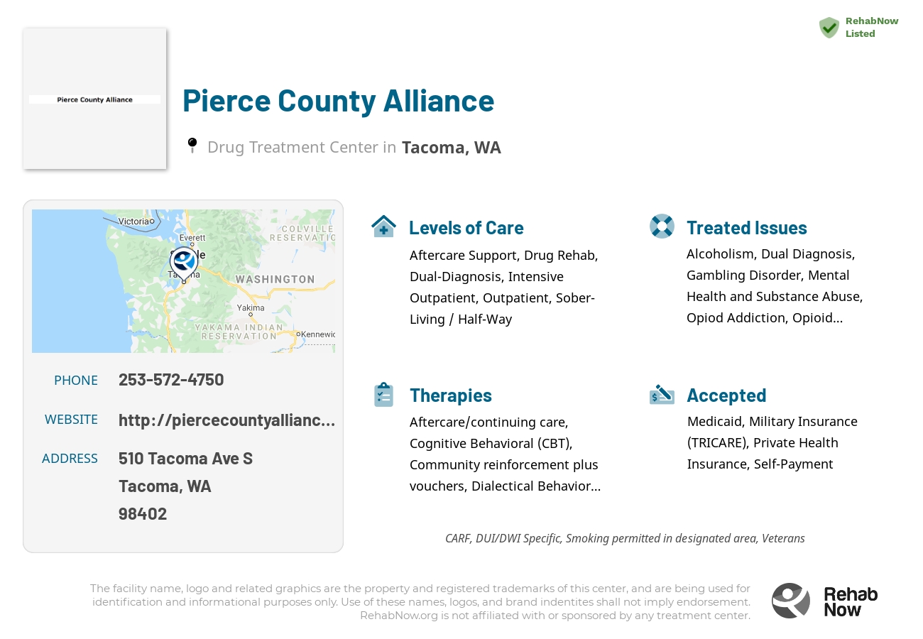 Helpful reference information for Pierce County Alliance, a drug treatment center in Washington located at: 510 Tacoma Ave S, Tacoma, WA 98402, including phone numbers, official website, and more. Listed briefly is an overview of Levels of Care, Therapies Offered, Issues Treated, and accepted forms of Payment Methods.