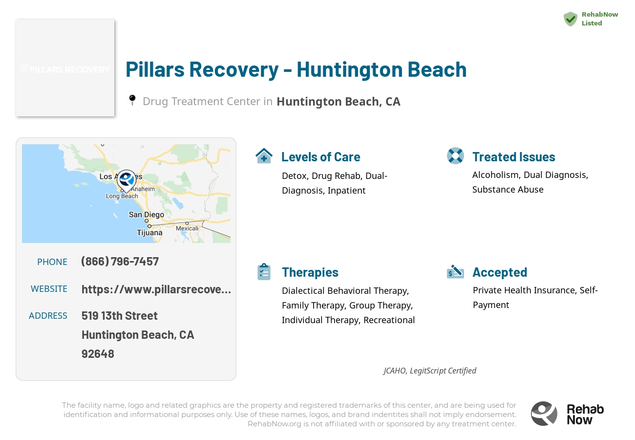 Helpful reference information for Pillars Recovery - Huntington Beach, a drug treatment center in California located at: 519 13th Street, Huntington Beach, CA, 92648, including phone numbers, official website, and more. Listed briefly is an overview of Levels of Care, Therapies Offered, Issues Treated, and accepted forms of Payment Methods.