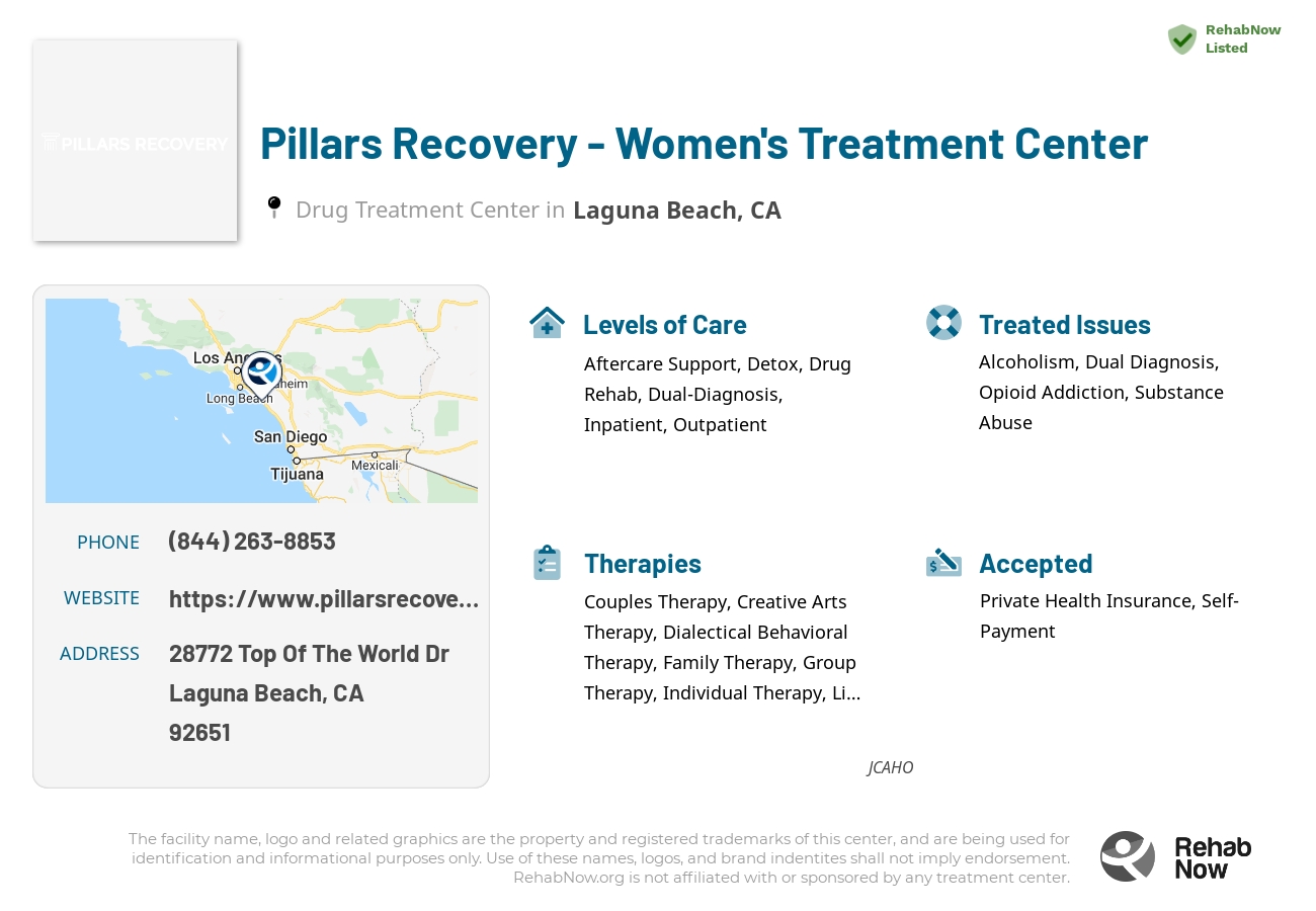 Helpful reference information for Pillars Recovery - Women's Treatment Center, a drug treatment center in California located at: 28772 Top Of The World Dr, Laguna Beach, CA 92651, including phone numbers, official website, and more. Listed briefly is an overview of Levels of Care, Therapies Offered, Issues Treated, and accepted forms of Payment Methods.