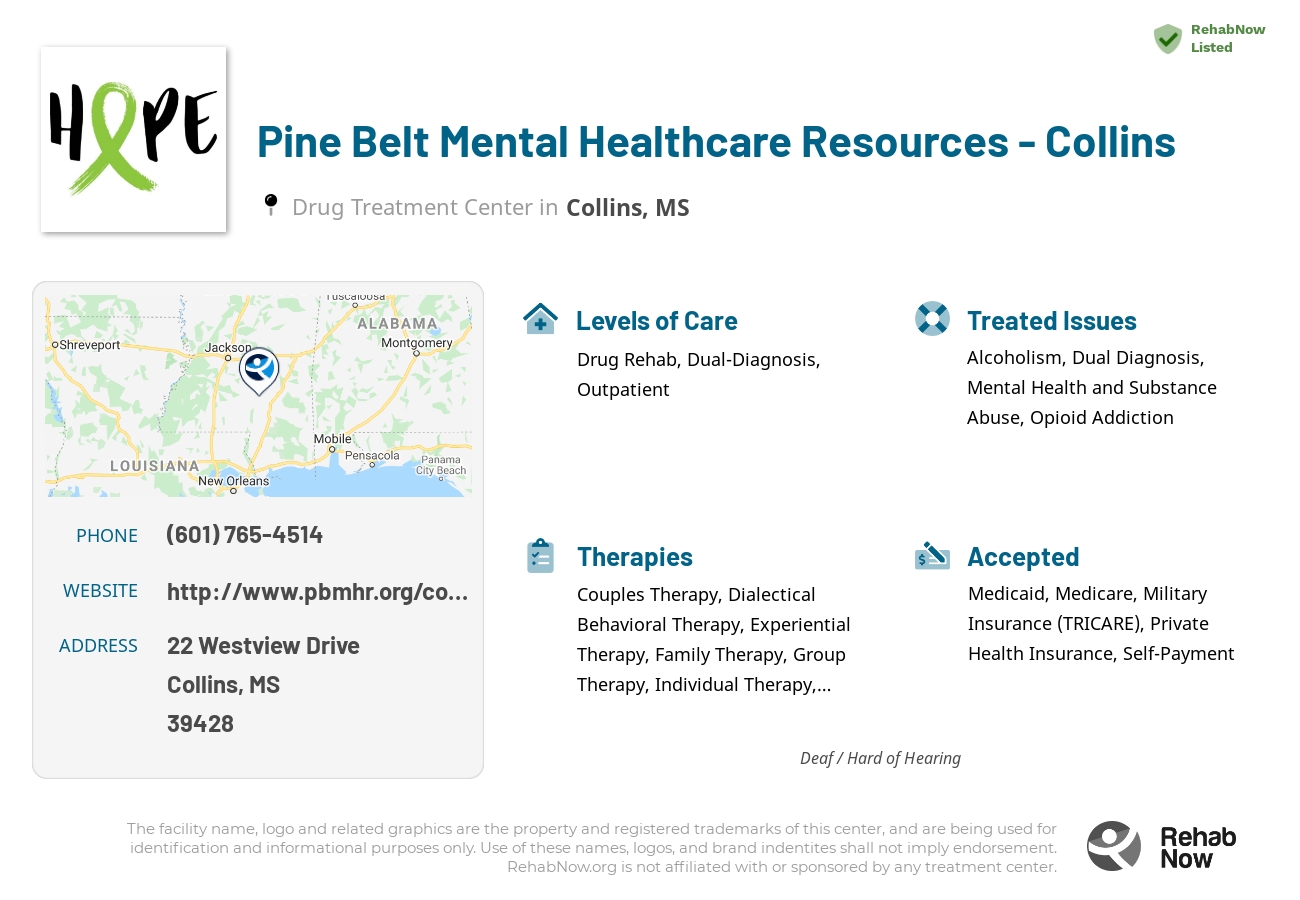Helpful reference information for Pine Belt Mental Healthcare Resources - Collins, a drug treatment center in Mississippi located at: 22 Westview Drive, Collins, MS 39428, including phone numbers, official website, and more. Listed briefly is an overview of Levels of Care, Therapies Offered, Issues Treated, and accepted forms of Payment Methods.
