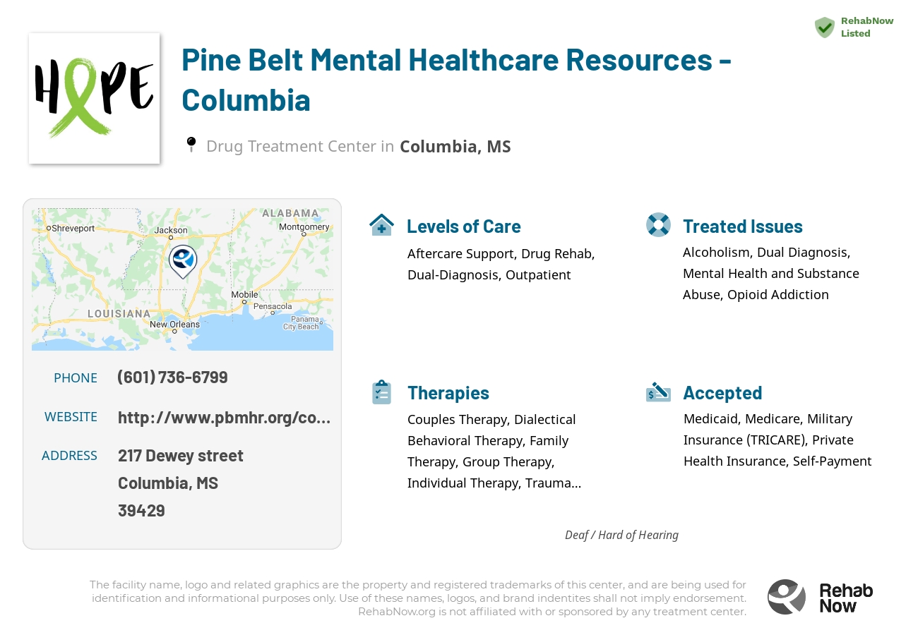 Helpful reference information for Pine Belt Mental Healthcare Resources - Columbia, a drug treatment center in Mississippi located at: 217 217 Dewey street, Columbia, MS 39429, including phone numbers, official website, and more. Listed briefly is an overview of Levels of Care, Therapies Offered, Issues Treated, and accepted forms of Payment Methods.