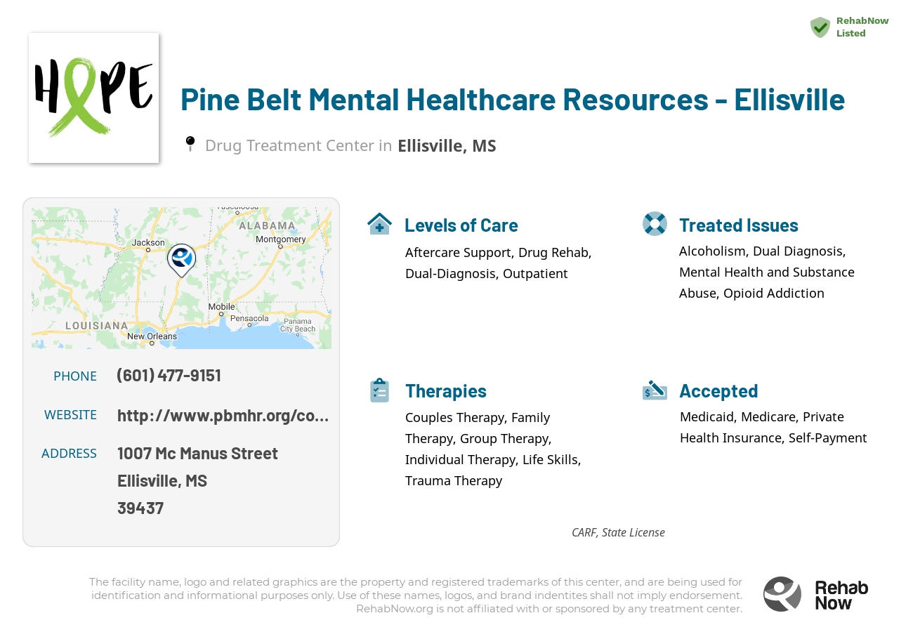 Helpful reference information for Pine Belt Mental Healthcare Resources - Ellisville, a drug treatment center in Mississippi located at: 1007 1007 Mc Manus Street, Ellisville, MS 39437, including phone numbers, official website, and more. Listed briefly is an overview of Levels of Care, Therapies Offered, Issues Treated, and accepted forms of Payment Methods.