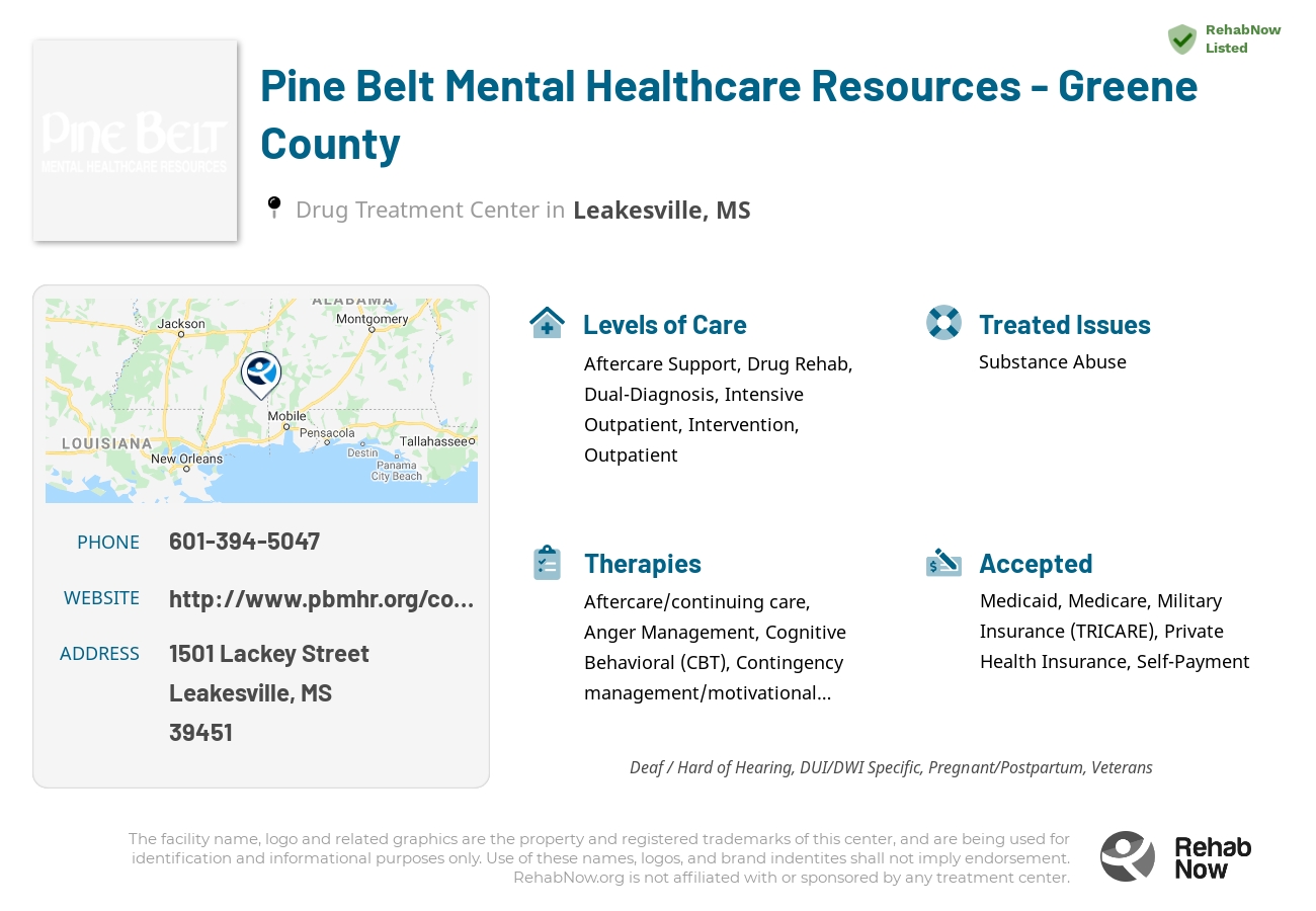 Helpful reference information for Pine Belt Mental Healthcare Resources - Greene County, a drug treatment center in Mississippi located at: 1501 Lackey Street, Leakesville, MS 39451, including phone numbers, official website, and more. Listed briefly is an overview of Levels of Care, Therapies Offered, Issues Treated, and accepted forms of Payment Methods.