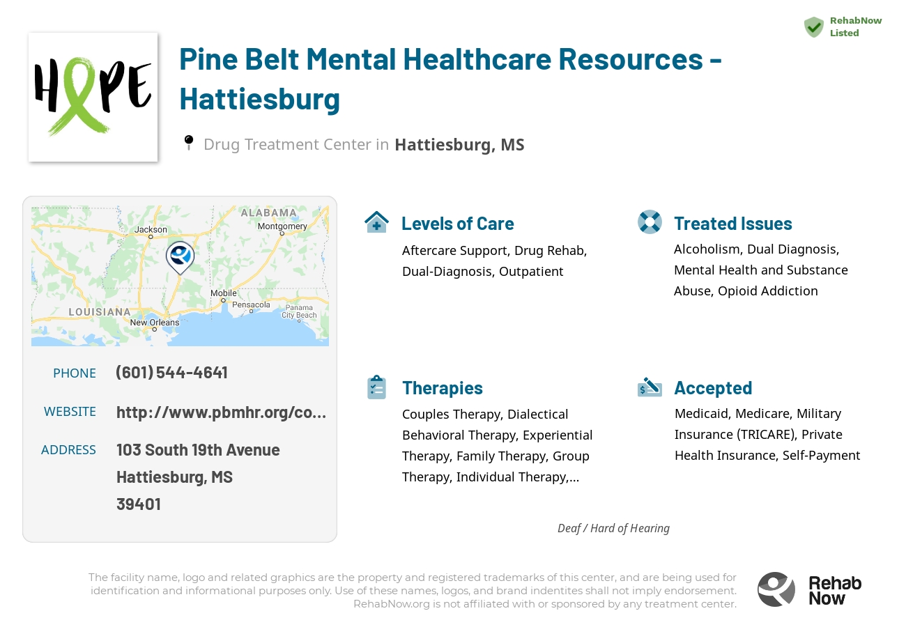 Helpful reference information for Pine Belt Mental Healthcare Resources - Hattiesburg, a drug treatment center in Mississippi located at: 103 103 South 19th Avenue, Hattiesburg, MS 39401, including phone numbers, official website, and more. Listed briefly is an overview of Levels of Care, Therapies Offered, Issues Treated, and accepted forms of Payment Methods.