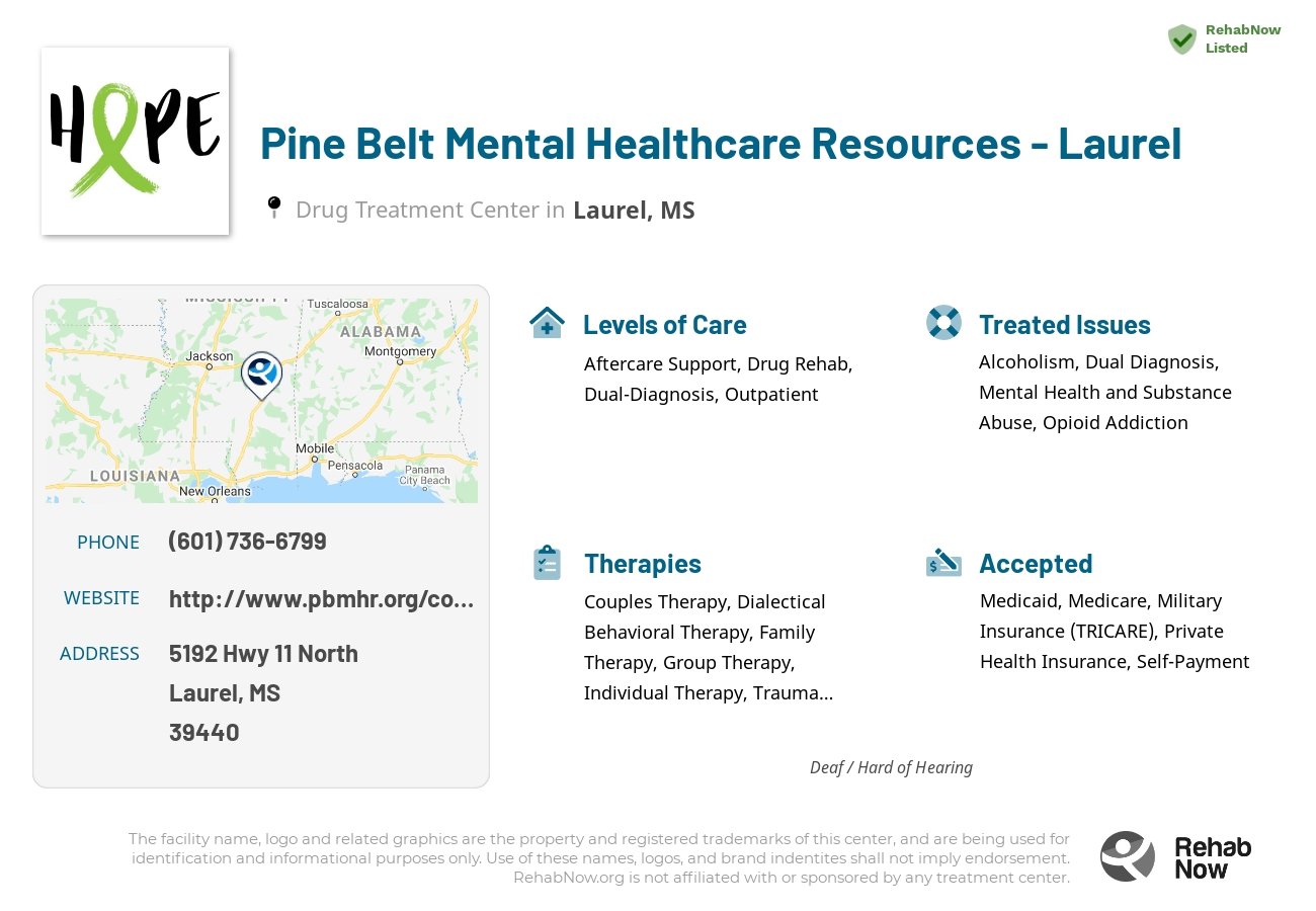 Helpful reference information for Pine Belt Mental Healthcare Resources - Laurel, a drug treatment center in Mississippi located at: 5192 Hwy 11 North, Laurel, MS 39440, including phone numbers, official website, and more. Listed briefly is an overview of Levels of Care, Therapies Offered, Issues Treated, and accepted forms of Payment Methods.