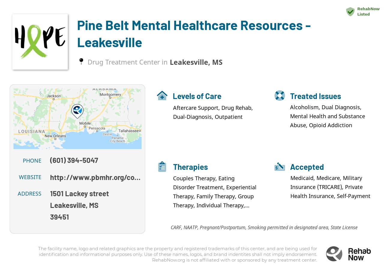 Helpful reference information for Pine Belt Mental Healthcare Resources - Leakesville, a drug treatment center in Mississippi located at: 1501 1501 Lackey street, Leakesville, MS 39451, including phone numbers, official website, and more. Listed briefly is an overview of Levels of Care, Therapies Offered, Issues Treated, and accepted forms of Payment Methods.