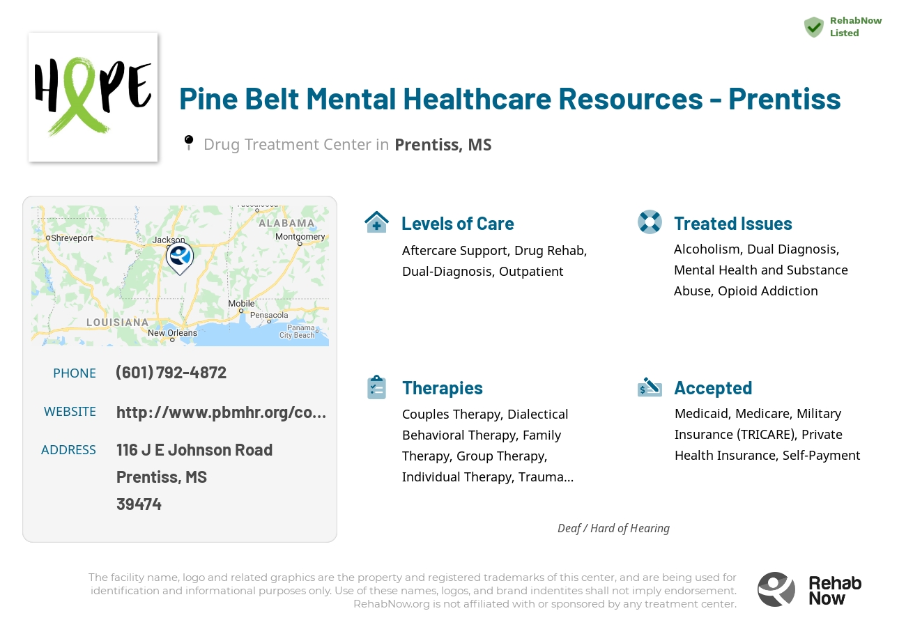 Helpful reference information for Pine Belt Mental Healthcare Resources - Prentiss, a drug treatment center in Mississippi located at: 116 116 J E Johnson Road, Prentiss, MS 39474, including phone numbers, official website, and more. Listed briefly is an overview of Levels of Care, Therapies Offered, Issues Treated, and accepted forms of Payment Methods.