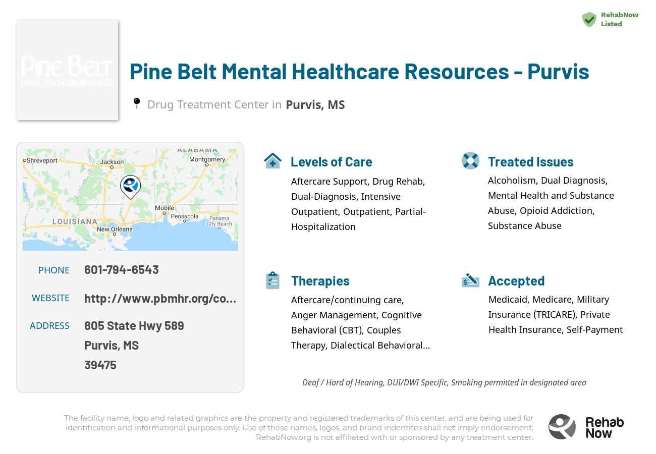 Helpful reference information for Pine Belt Mental Healthcare Resources - Purvis, a drug treatment center in Mississippi located at: 805 State Hwy 589, Purvis, MS 39475, including phone numbers, official website, and more. Listed briefly is an overview of Levels of Care, Therapies Offered, Issues Treated, and accepted forms of Payment Methods.