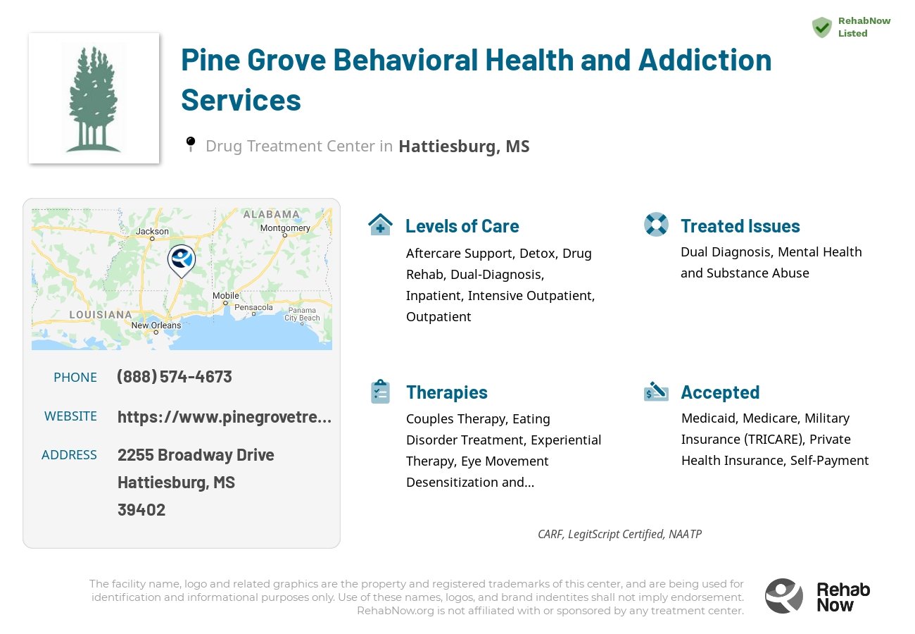 Helpful reference information for Pine Grove Behavioral Health and Addiction Services, a drug treatment center in Mississippi located at: 2255 Broadway Drive, Hattiesburg, MS, 39402, including phone numbers, official website, and more. Listed briefly is an overview of Levels of Care, Therapies Offered, Issues Treated, and accepted forms of Payment Methods.