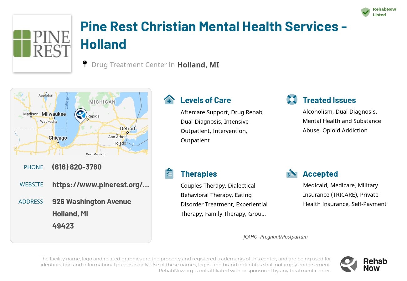 Helpful reference information for Pine Rest Christian Mental Health Services - Holland, a drug treatment center in Michigan located at: 926 Washington Avenue, Holland, MI, 49423, including phone numbers, official website, and more. Listed briefly is an overview of Levels of Care, Therapies Offered, Issues Treated, and accepted forms of Payment Methods.