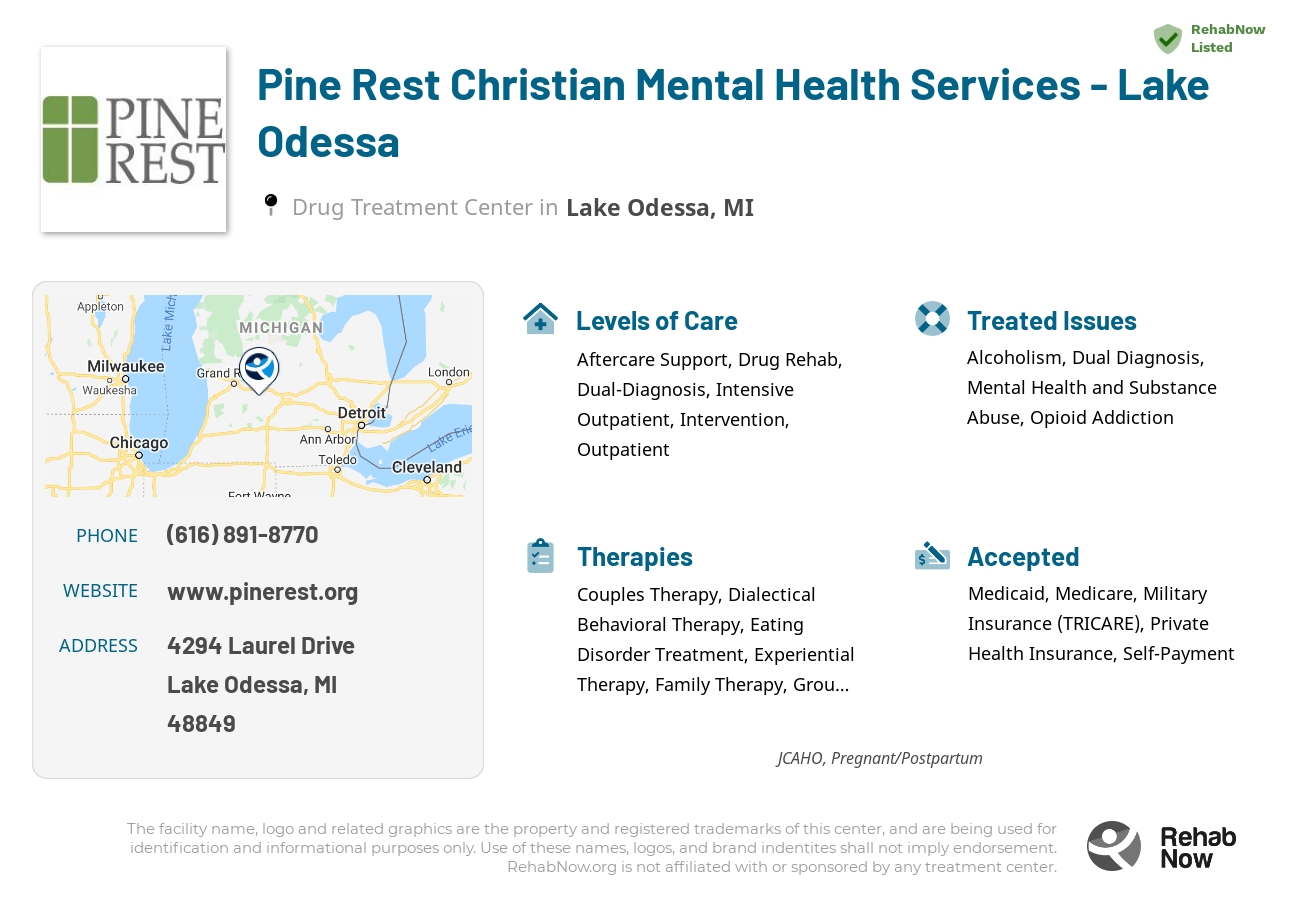 Helpful reference information for Pine Rest Christian Mental Health Services - Lake Odessa, a drug treatment center in Michigan located at: 4294 Laurel Drive, Lake Odessa, MI, 48849, including phone numbers, official website, and more. Listed briefly is an overview of Levels of Care, Therapies Offered, Issues Treated, and accepted forms of Payment Methods.