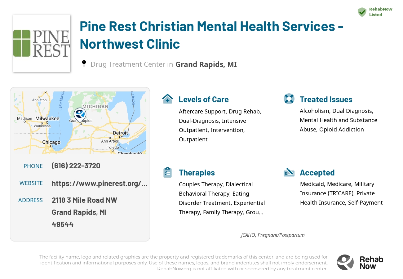 Helpful reference information for Pine Rest Christian Mental Health Services - Northwest Clinic, a drug treatment center in Michigan located at: 2118 3 Mile Road NW, Grand Rapids, MI, 49544, including phone numbers, official website, and more. Listed briefly is an overview of Levels of Care, Therapies Offered, Issues Treated, and accepted forms of Payment Methods.