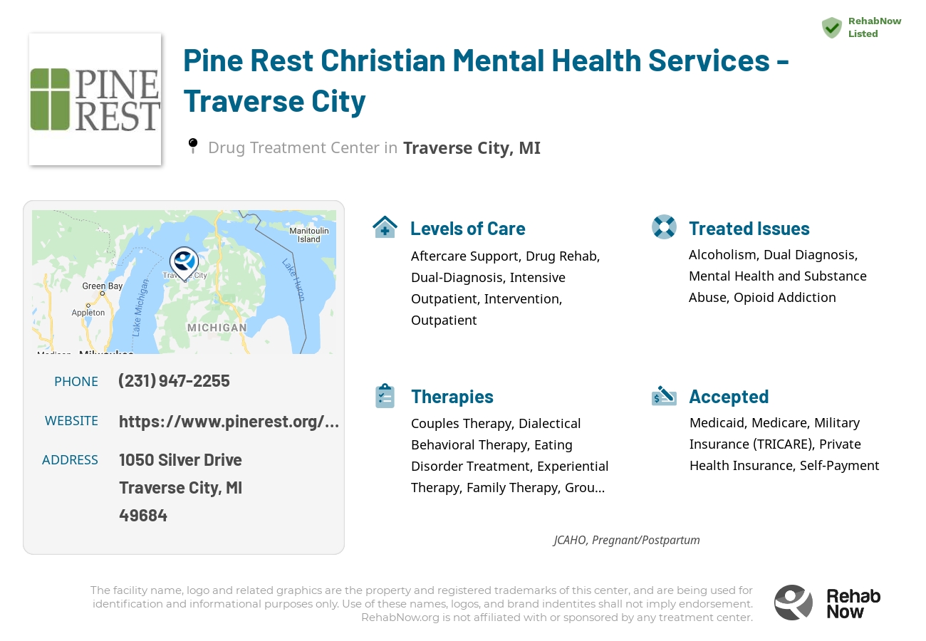Helpful reference information for Pine Rest Christian Mental Health Services - Traverse City, a drug treatment center in Michigan located at: 1050 Silver Drive, Traverse City, MI, 49684, including phone numbers, official website, and more. Listed briefly is an overview of Levels of Care, Therapies Offered, Issues Treated, and accepted forms of Payment Methods.