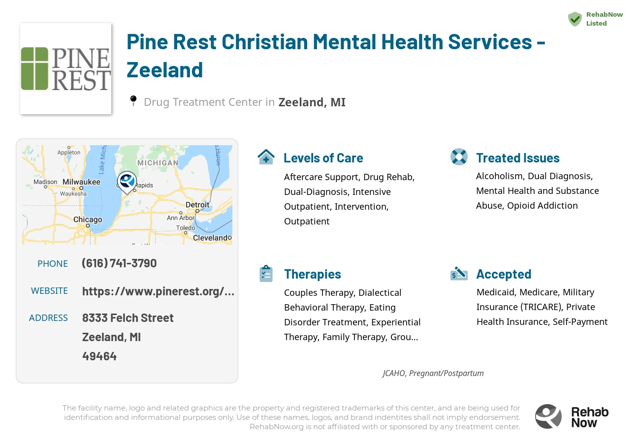 Helpful reference information for Pine Rest Christian Mental Health Services - Zeeland, a drug treatment center in Michigan located at: 8333 Felch Street, Zeeland, MI, 49464, including phone numbers, official website, and more. Listed briefly is an overview of Levels of Care, Therapies Offered, Issues Treated, and accepted forms of Payment Methods.