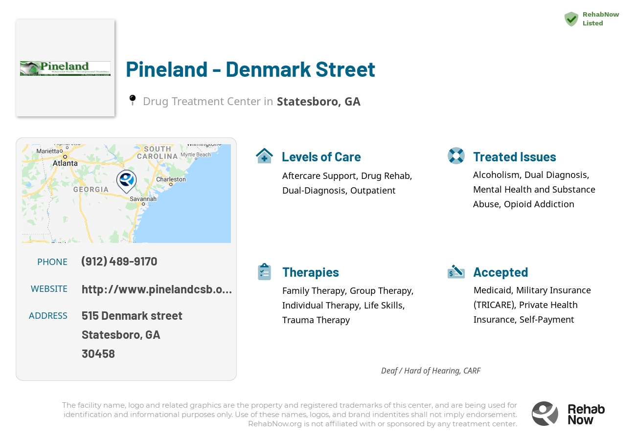 Helpful reference information for Pineland - Denmark Street, a drug treatment center in Georgia located at: 515 515 Denmark street, Statesboro, GA 30458, including phone numbers, official website, and more. Listed briefly is an overview of Levels of Care, Therapies Offered, Issues Treated, and accepted forms of Payment Methods.