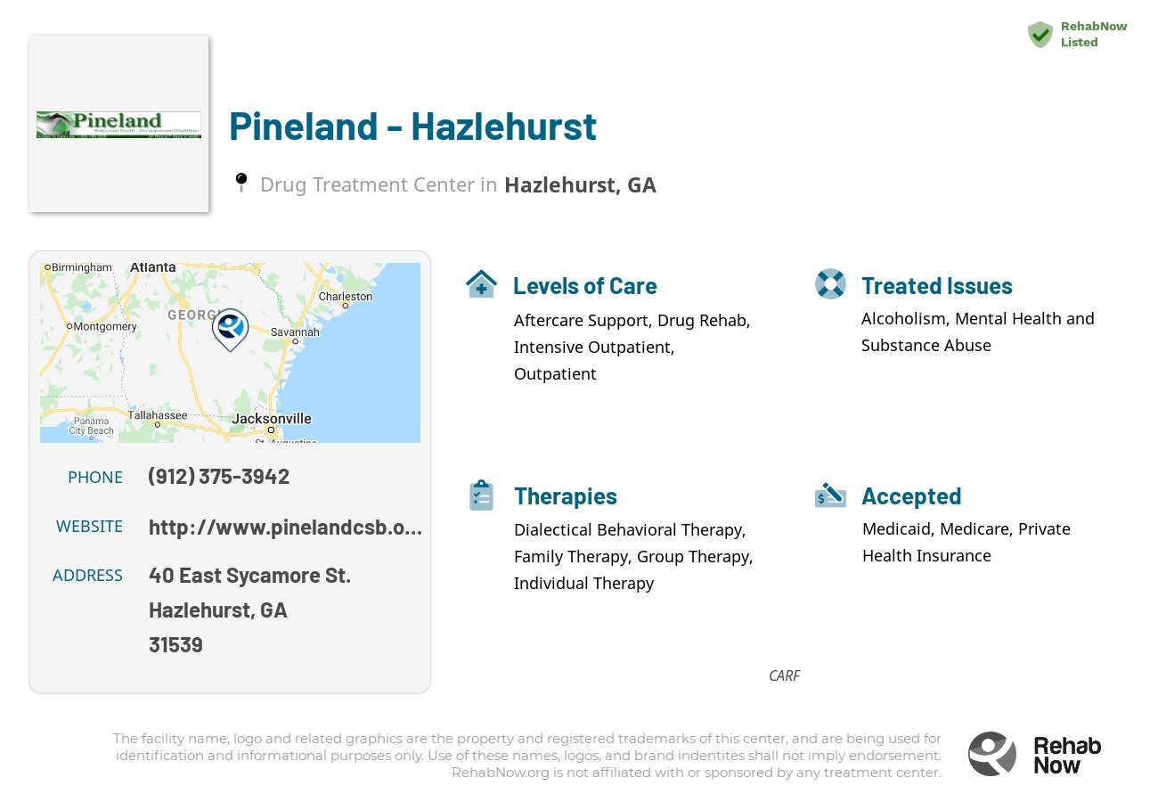 Helpful reference information for Pineland - Hazlehurst, a drug treatment center in Georgia located at: 40 40 East Sycamore St., Hazlehurst, GA 31539, including phone numbers, official website, and more. Listed briefly is an overview of Levels of Care, Therapies Offered, Issues Treated, and accepted forms of Payment Methods.