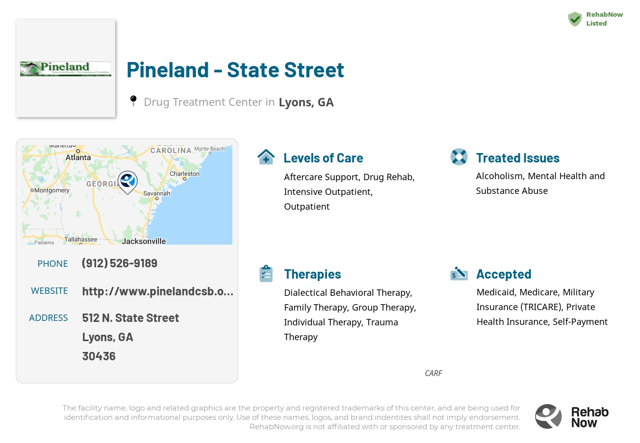 Helpful reference information for Pineland - State Street, a drug treatment center in Georgia located at: 512 512 N. State Street, Lyons, GA 30436, including phone numbers, official website, and more. Listed briefly is an overview of Levels of Care, Therapies Offered, Issues Treated, and accepted forms of Payment Methods.