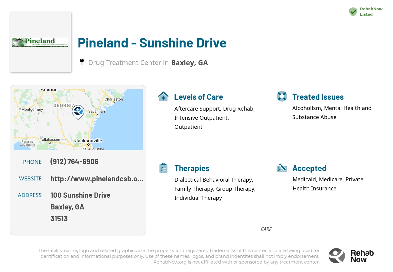 Helpful reference information for Pineland - Sunshine Drive, a drug treatment center in Georgia located at: 100 Sunshine Drive, Baxley, GA 31513, including phone numbers, official website, and more. Listed briefly is an overview of Levels of Care, Therapies Offered, Issues Treated, and accepted forms of Payment Methods.