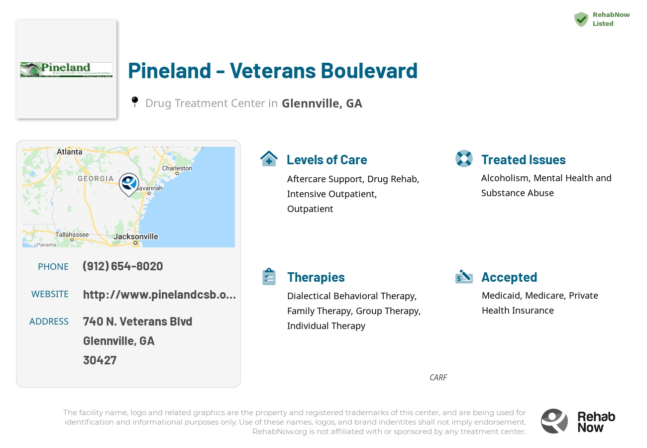 Helpful reference information for Pineland - Veterans Boulevard, a drug treatment center in Georgia located at: 740 740 N. Veterans Blvd, Glennville, GA 30427, including phone numbers, official website, and more. Listed briefly is an overview of Levels of Care, Therapies Offered, Issues Treated, and accepted forms of Payment Methods.