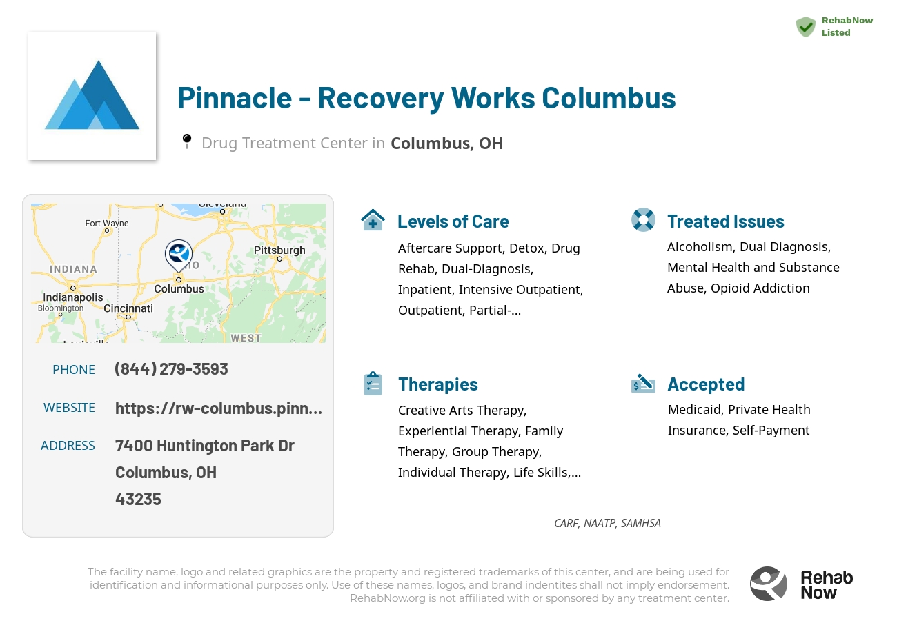 Helpful reference information for Pinnacle - Recovery Works Columbus, a drug treatment center in Ohio located at: 7400 Huntington Park Dr, Columbus, OH 43235, including phone numbers, official website, and more. Listed briefly is an overview of Levels of Care, Therapies Offered, Issues Treated, and accepted forms of Payment Methods.