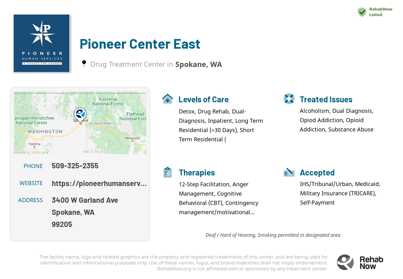 Helpful reference information for Pioneer Center East, a drug treatment center in Washington located at: 3400 W Garland Ave, Spokane, WA 99205, including phone numbers, official website, and more. Listed briefly is an overview of Levels of Care, Therapies Offered, Issues Treated, and accepted forms of Payment Methods.