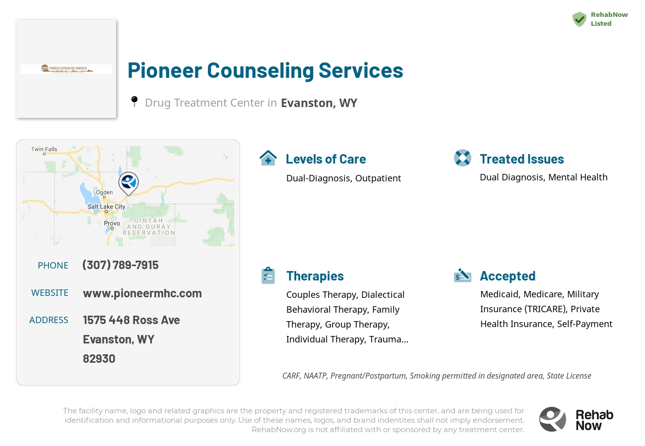 Helpful reference information for Pioneer Counseling Services, a drug treatment center in Wyoming located at: 1575 448 Ross Ave, Evanston, WY 82930, including phone numbers, official website, and more. Listed briefly is an overview of Levels of Care, Therapies Offered, Issues Treated, and accepted forms of Payment Methods.
