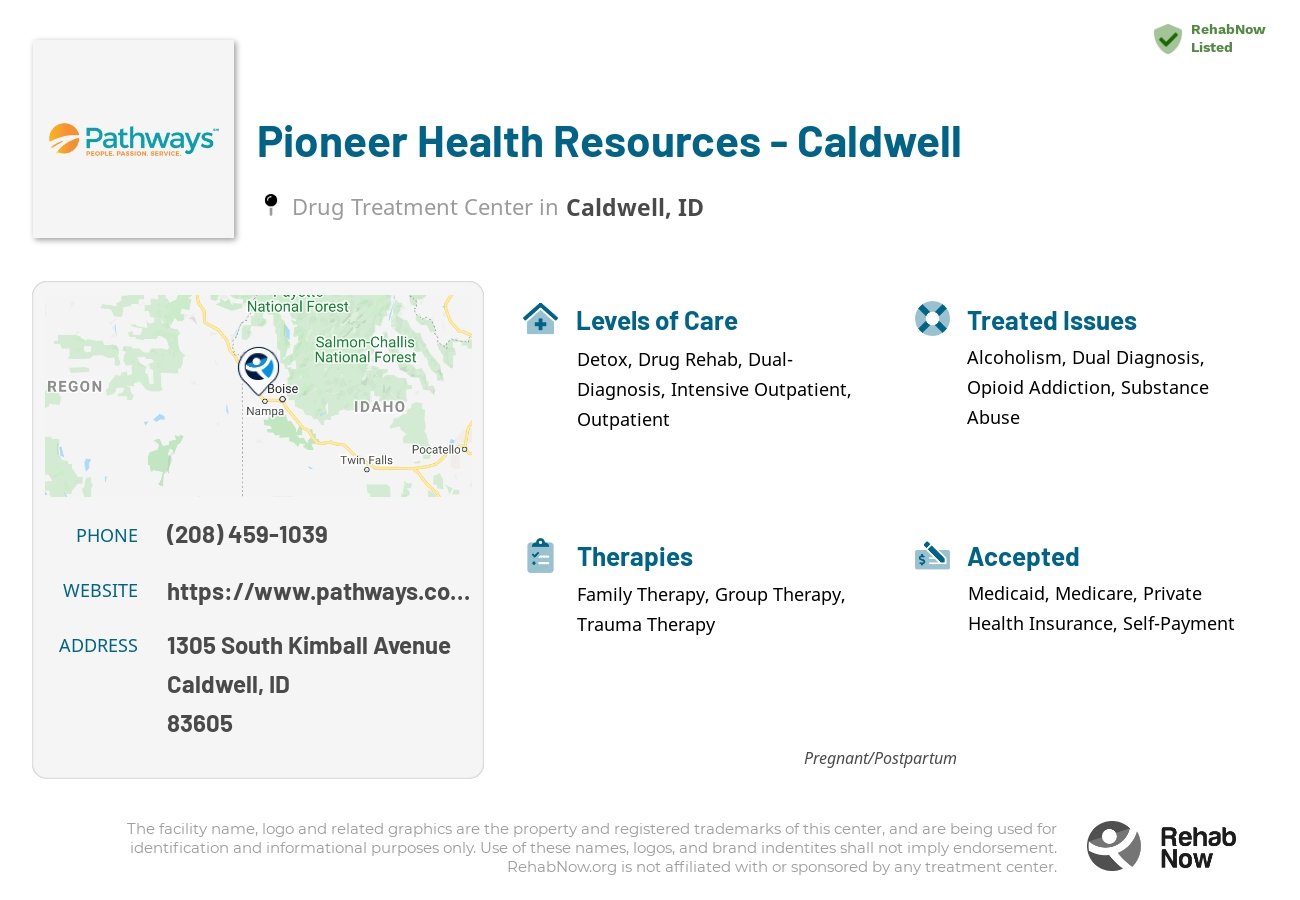 Helpful reference information for Pioneer Health Resources - Caldwell, a drug treatment center in Idaho located at: 1305 1305 South Kimball Avenue, Caldwell, ID 83605, including phone numbers, official website, and more. Listed briefly is an overview of Levels of Care, Therapies Offered, Issues Treated, and accepted forms of Payment Methods.