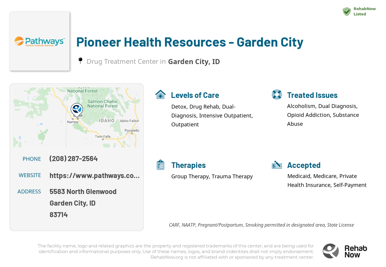 Helpful reference information for Pioneer Health Resources - Garden City, a drug treatment center in Idaho located at: 5583 5583 North Glenwood, Garden City, ID 83714, including phone numbers, official website, and more. Listed briefly is an overview of Levels of Care, Therapies Offered, Issues Treated, and accepted forms of Payment Methods.