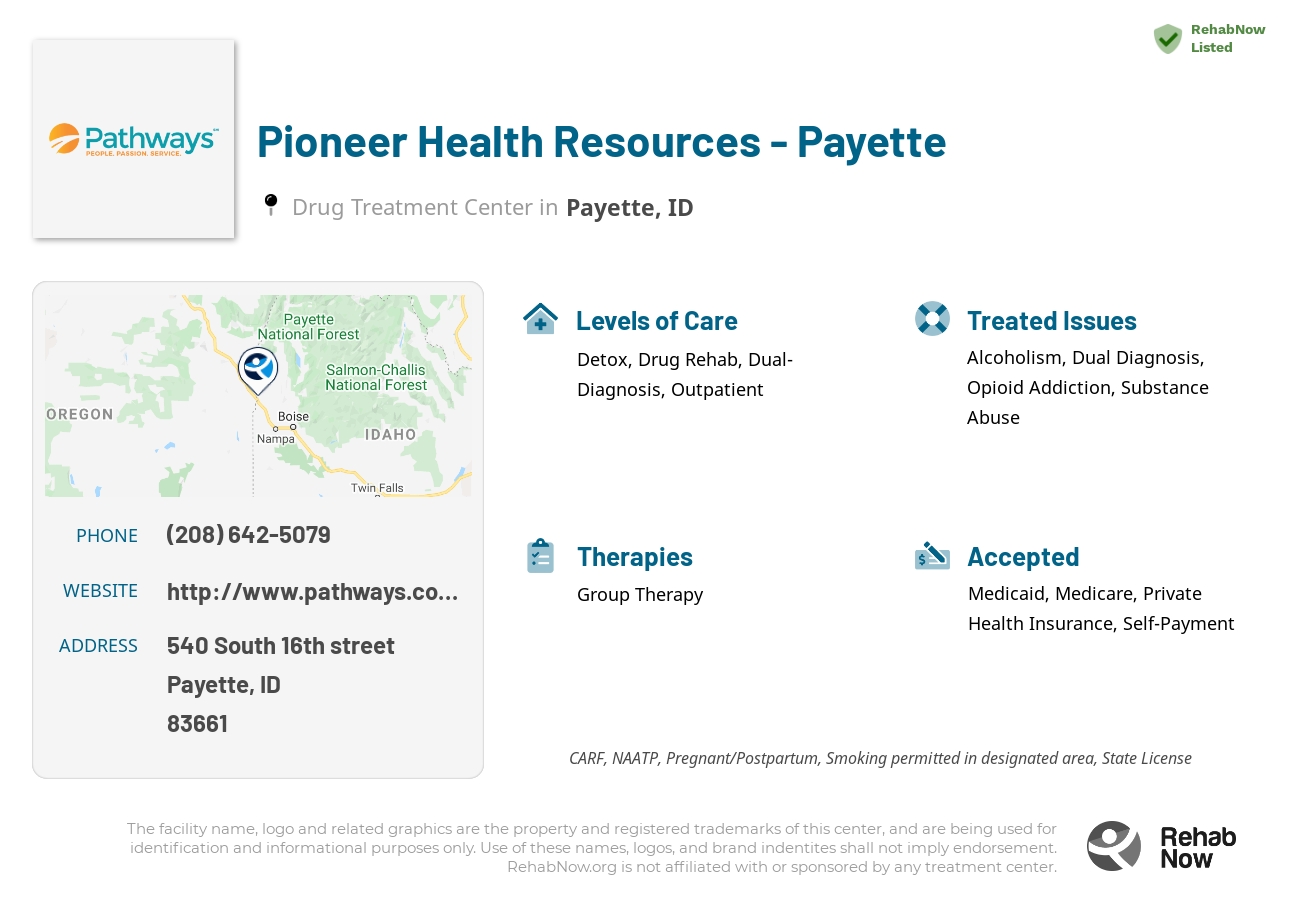 Helpful reference information for Pioneer Health Resources - Payette, a drug treatment center in Idaho located at: 540 540 South 16th street, Payette, ID 83661, including phone numbers, official website, and more. Listed briefly is an overview of Levels of Care, Therapies Offered, Issues Treated, and accepted forms of Payment Methods.