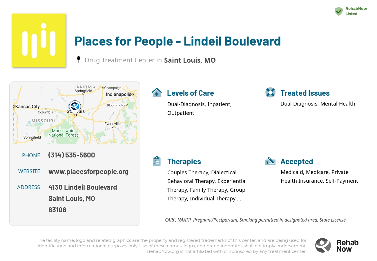 Helpful reference information for Places for People - Lindeil Boulevard, a drug treatment center in Missouri located at: 4130 Lindeil Boulevard, Saint Louis, MO, 63108, including phone numbers, official website, and more. Listed briefly is an overview of Levels of Care, Therapies Offered, Issues Treated, and accepted forms of Payment Methods.