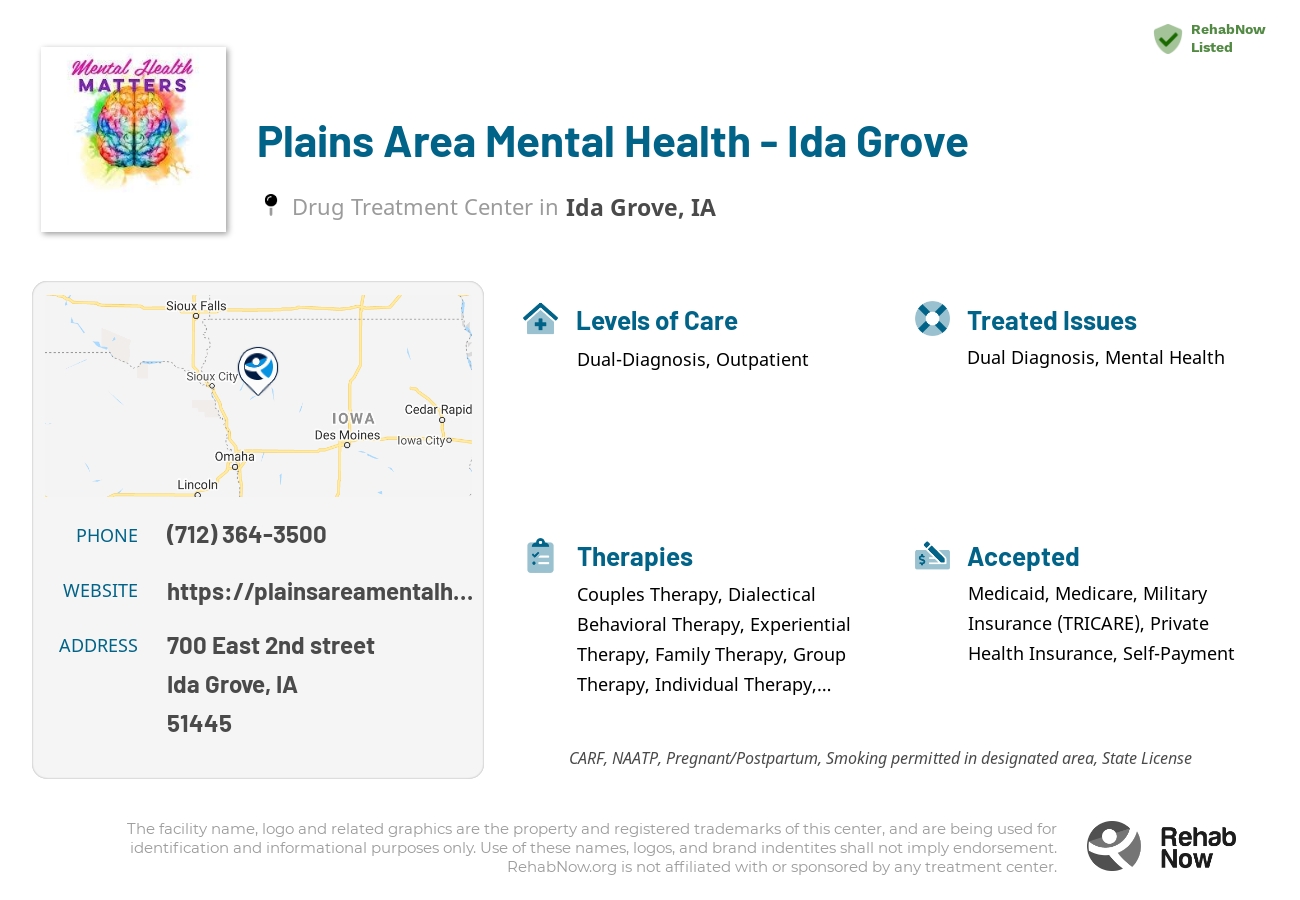 Helpful reference information for Plains Area Mental Health - Ida Grove, a drug treatment center in Iowa located at: 700 East 2nd street, Ida Grove, IA, 51445, including phone numbers, official website, and more. Listed briefly is an overview of Levels of Care, Therapies Offered, Issues Treated, and accepted forms of Payment Methods.