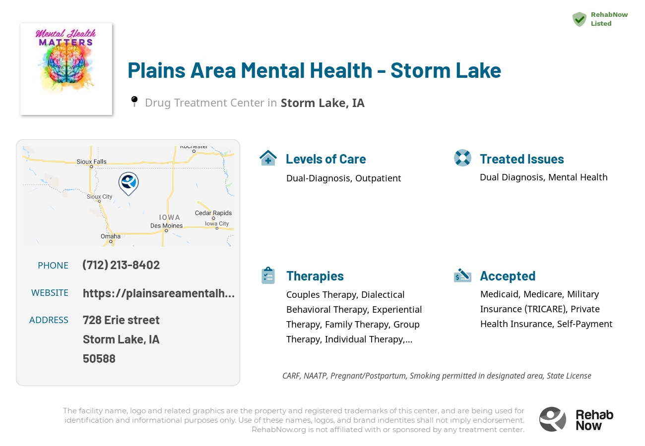 Helpful reference information for Plains Area Mental Health - Storm Lake, a drug treatment center in Iowa located at: 728 Erie street, Storm Lake, IA, 50588, including phone numbers, official website, and more. Listed briefly is an overview of Levels of Care, Therapies Offered, Issues Treated, and accepted forms of Payment Methods.