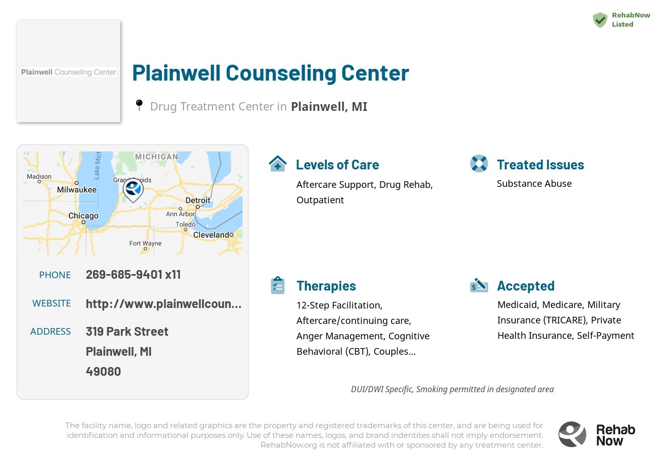 Helpful reference information for Plainwell Counseling Center, a drug treatment center in Michigan located at: 319 Park Street, Plainwell, MI 49080, including phone numbers, official website, and more. Listed briefly is an overview of Levels of Care, Therapies Offered, Issues Treated, and accepted forms of Payment Methods.
