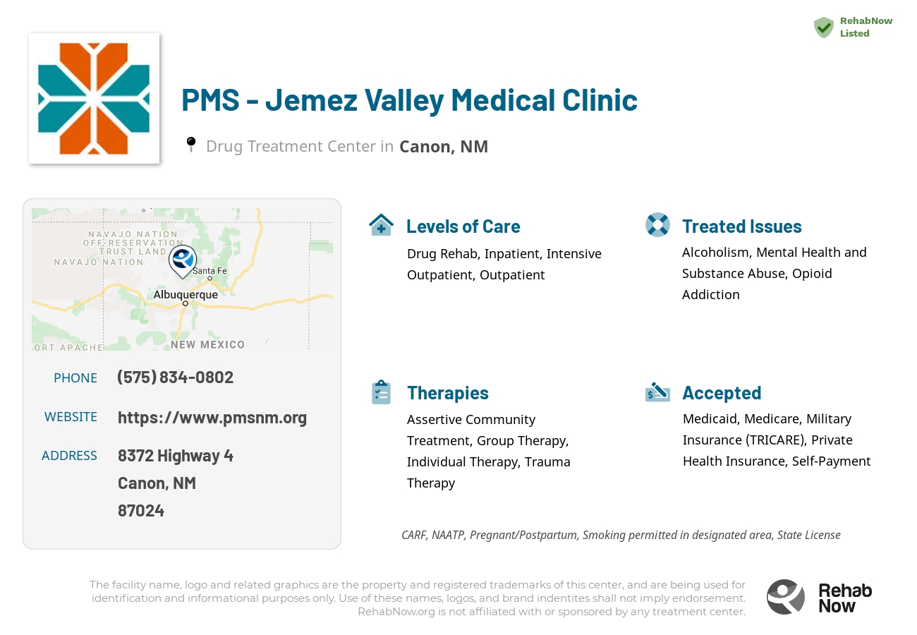 Helpful reference information for PMS - Jemez Valley Medical Clinic, a drug treatment center in New Mexico located at: 8372 8372 Highway 4, Canon, NM 87024, including phone numbers, official website, and more. Listed briefly is an overview of Levels of Care, Therapies Offered, Issues Treated, and accepted forms of Payment Methods.