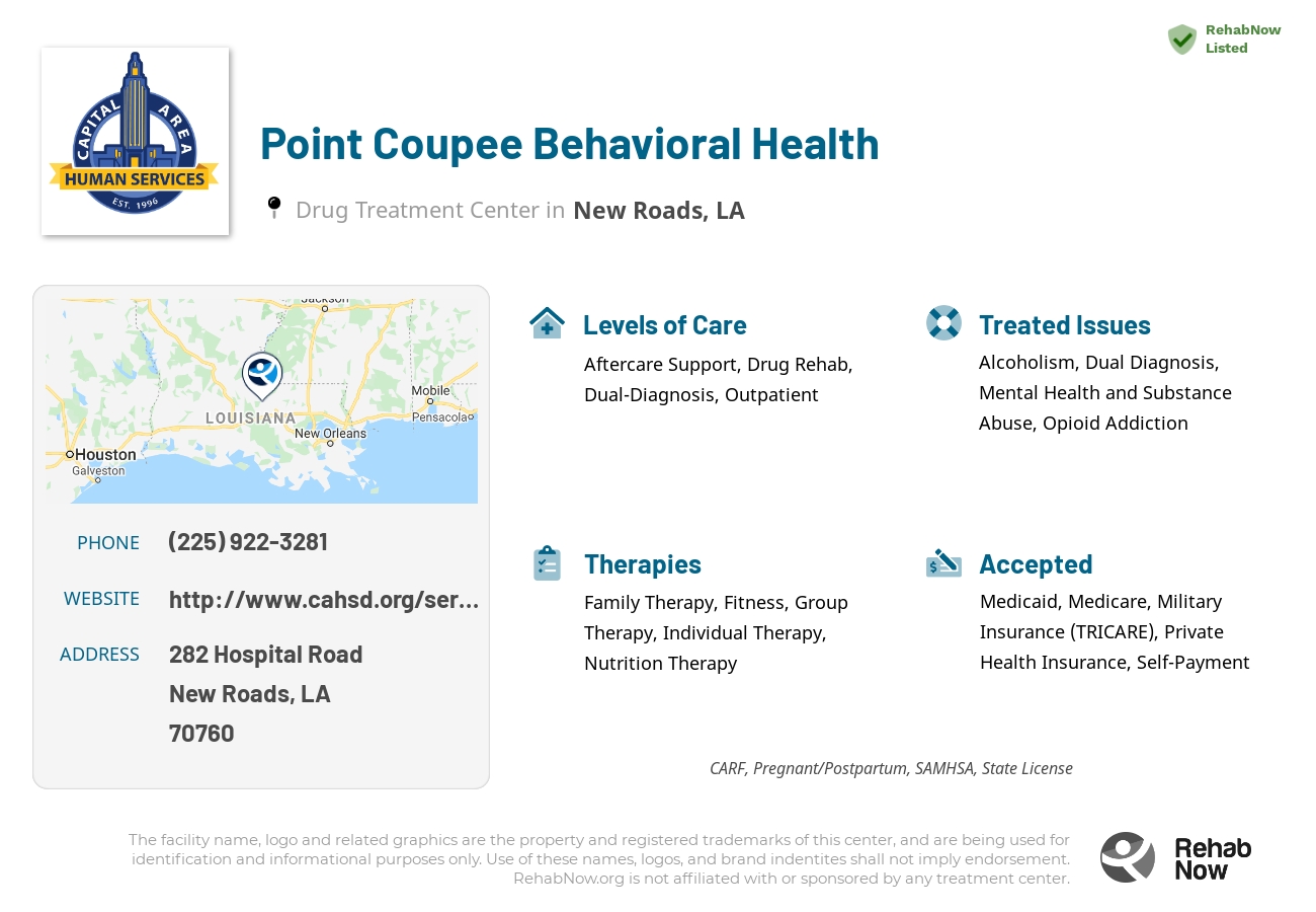 Helpful reference information for Point Coupee Behavioral Health, a drug treatment center in Louisiana located at: 282 Hospital Road, New Roads, LA, 70760, including phone numbers, official website, and more. Listed briefly is an overview of Levels of Care, Therapies Offered, Issues Treated, and accepted forms of Payment Methods.