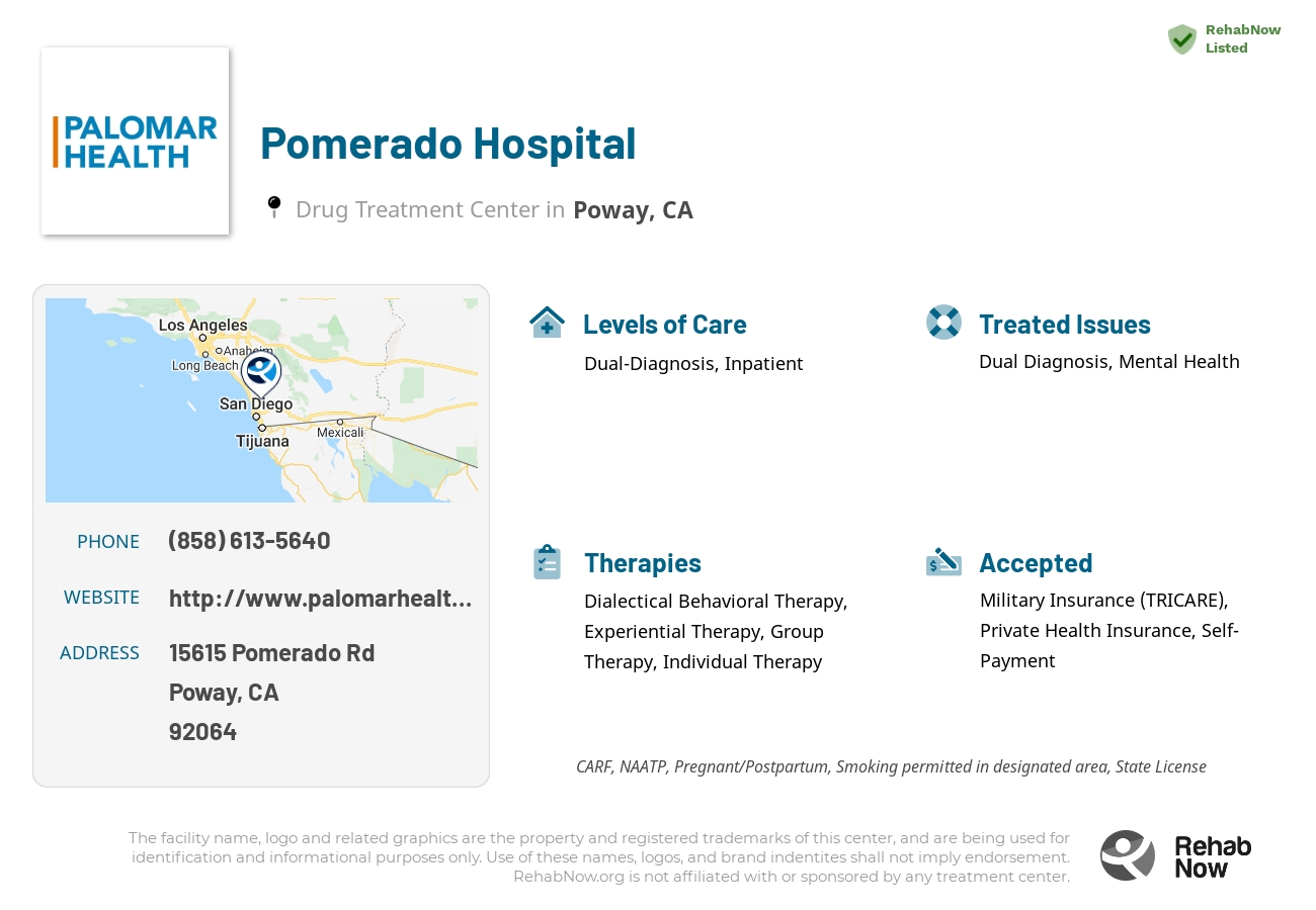 Helpful reference information for Pomerado Hospital, a drug treatment center in California located at: 15615 Pomerado Rd, Poway, CA 92064, including phone numbers, official website, and more. Listed briefly is an overview of Levels of Care, Therapies Offered, Issues Treated, and accepted forms of Payment Methods.