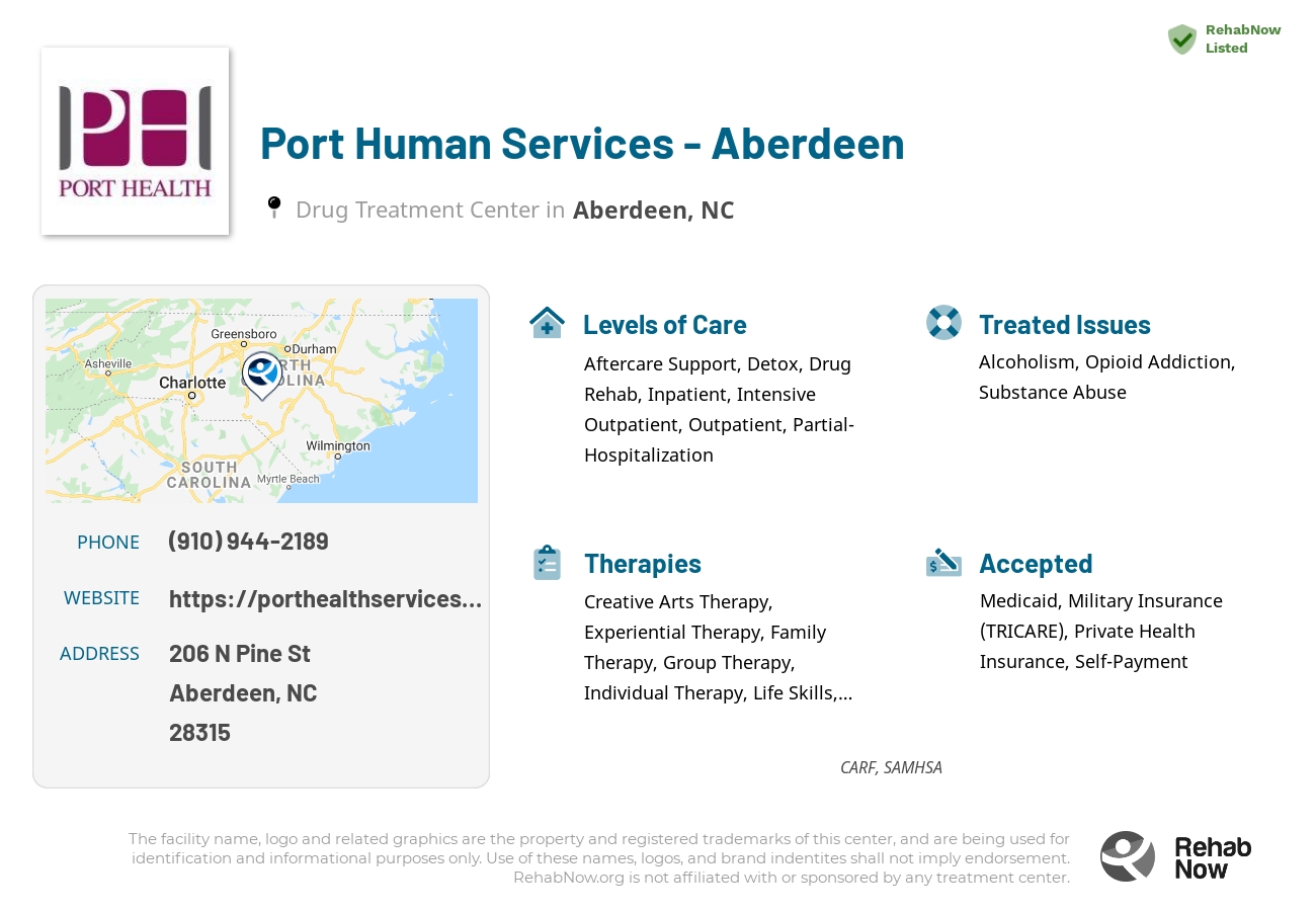Helpful reference information for Port Human Services - Aberdeen, a drug treatment center in North Carolina located at: 206 N Pine St, Aberdeen, NC 28315, including phone numbers, official website, and more. Listed briefly is an overview of Levels of Care, Therapies Offered, Issues Treated, and accepted forms of Payment Methods.