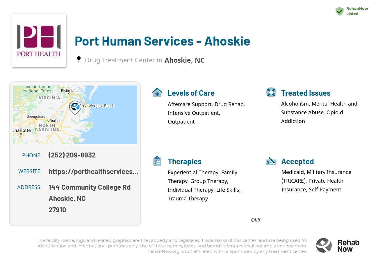 Helpful reference information for Port Human Services - Ahoskie, a drug treatment center in North Carolina located at: 144 Community College Rd, Ahoskie, NC 27910, including phone numbers, official website, and more. Listed briefly is an overview of Levels of Care, Therapies Offered, Issues Treated, and accepted forms of Payment Methods.