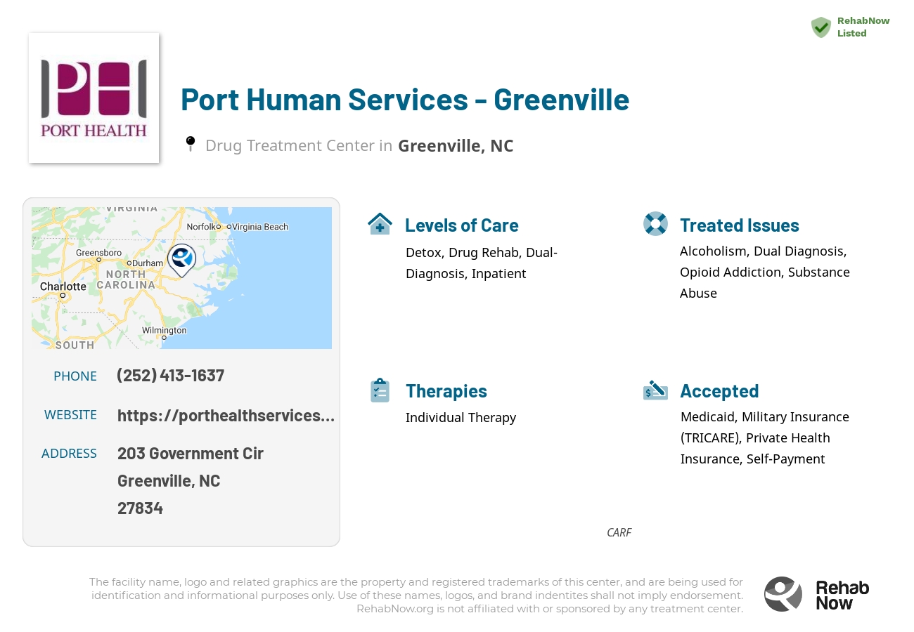 Helpful reference information for Port Human Services - Greenville, a drug treatment center in North Carolina located at: 203 Government Cir, Greenville, NC 27834, including phone numbers, official website, and more. Listed briefly is an overview of Levels of Care, Therapies Offered, Issues Treated, and accepted forms of Payment Methods.