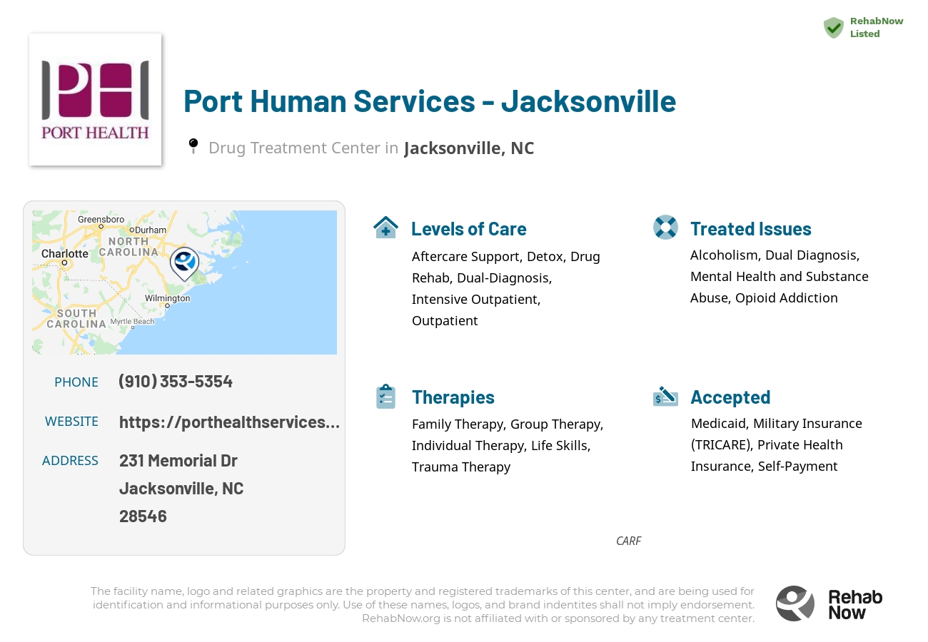 Helpful reference information for Port Human Services - Jacksonville, a drug treatment center in North Carolina located at: 231 Memorial Dr, Jacksonville, NC 28546, including phone numbers, official website, and more. Listed briefly is an overview of Levels of Care, Therapies Offered, Issues Treated, and accepted forms of Payment Methods.