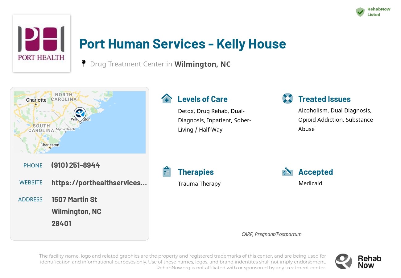 Helpful reference information for Port Human Services - Kelly House, a drug treatment center in North Carolina located at: 1507 Martin St, Wilmington, NC 28401, including phone numbers, official website, and more. Listed briefly is an overview of Levels of Care, Therapies Offered, Issues Treated, and accepted forms of Payment Methods.