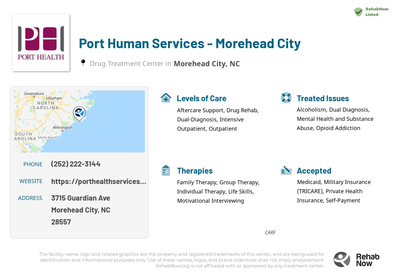 Helpful reference information for Port Human Services - Morehead City, a drug treatment center in North Carolina located at: 3715 Guardian Ave, Morehead City, NC 28557, including phone numbers, official website, and more. Listed briefly is an overview of Levels of Care, Therapies Offered, Issues Treated, and accepted forms of Payment Methods.