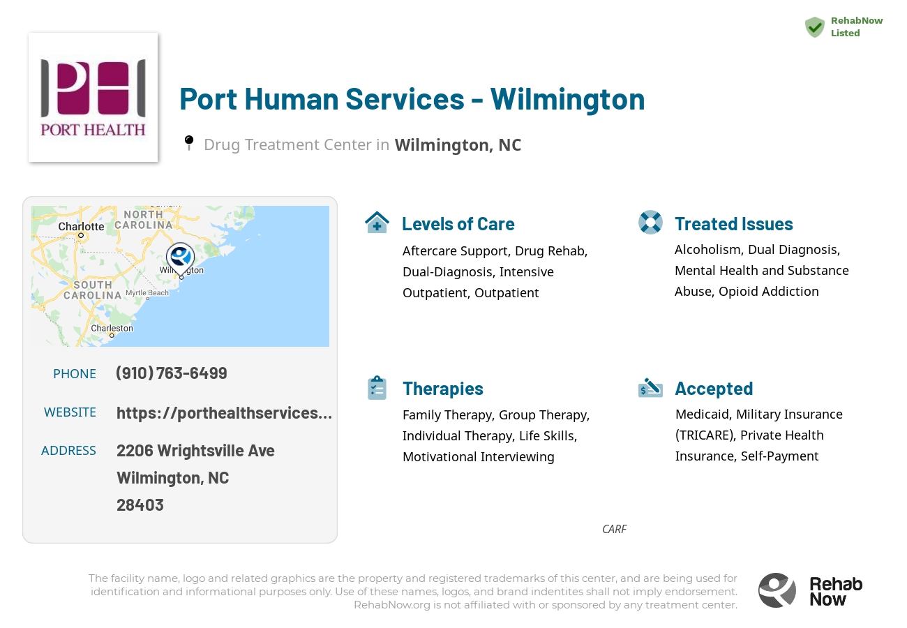 Helpful reference information for Port Human Services - Wilmington, a drug treatment center in North Carolina located at: 2206 Wrightsville Ave, Wilmington, NC 28403, including phone numbers, official website, and more. Listed briefly is an overview of Levels of Care, Therapies Offered, Issues Treated, and accepted forms of Payment Methods.