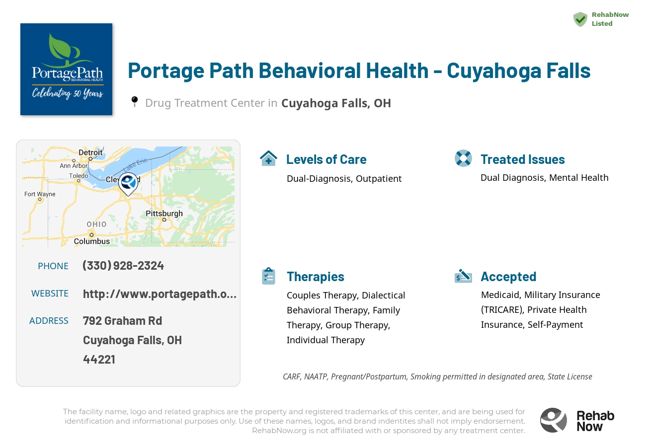 Helpful reference information for Portage Path Behavioral Health - Cuyahoga Falls, a drug treatment center in Ohio located at: 792 Graham Rd, Cuyahoga Falls, OH 44221, including phone numbers, official website, and more. Listed briefly is an overview of Levels of Care, Therapies Offered, Issues Treated, and accepted forms of Payment Methods.