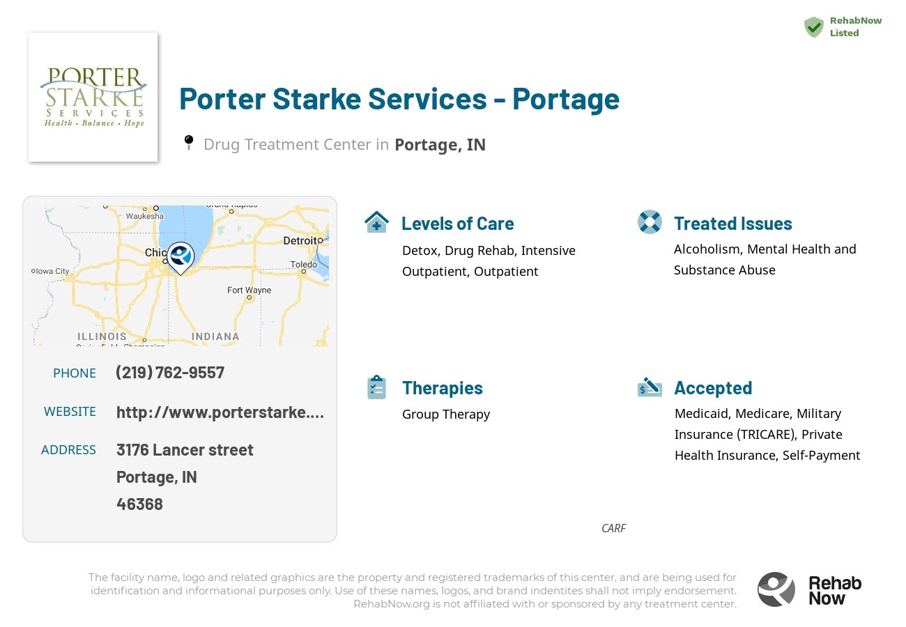 Helpful reference information for Porter Starke Services - Portage, a drug treatment center in Indiana located at: 3176 Lancer street, Portage, IN, 46368, including phone numbers, official website, and more. Listed briefly is an overview of Levels of Care, Therapies Offered, Issues Treated, and accepted forms of Payment Methods.